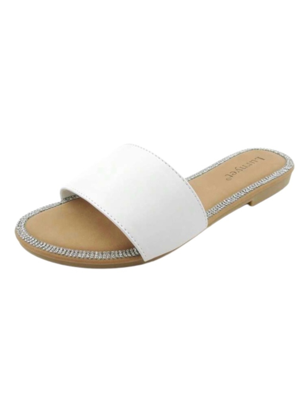 White Slide Sandals with Rhinestone Trim